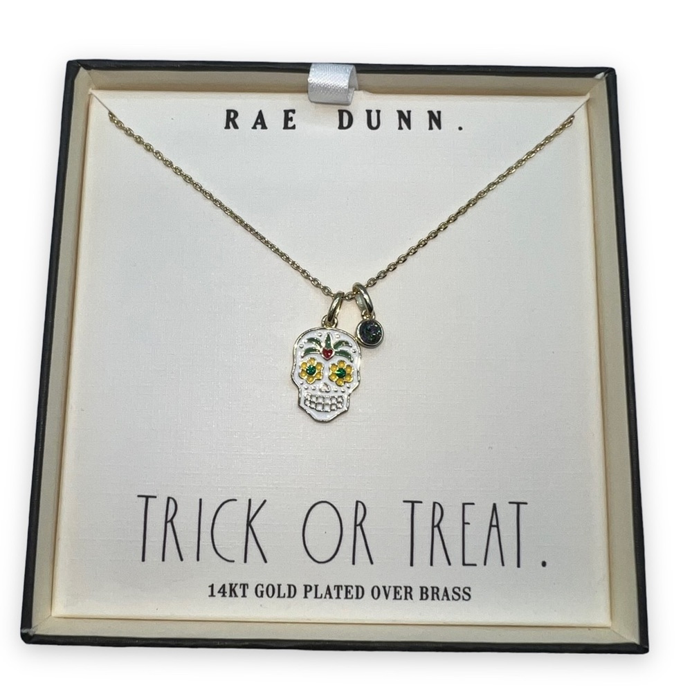 NEW Rae Dunn 14KT Gold Plated Sugar Skull Necklace Trick Treat Halloween Edition